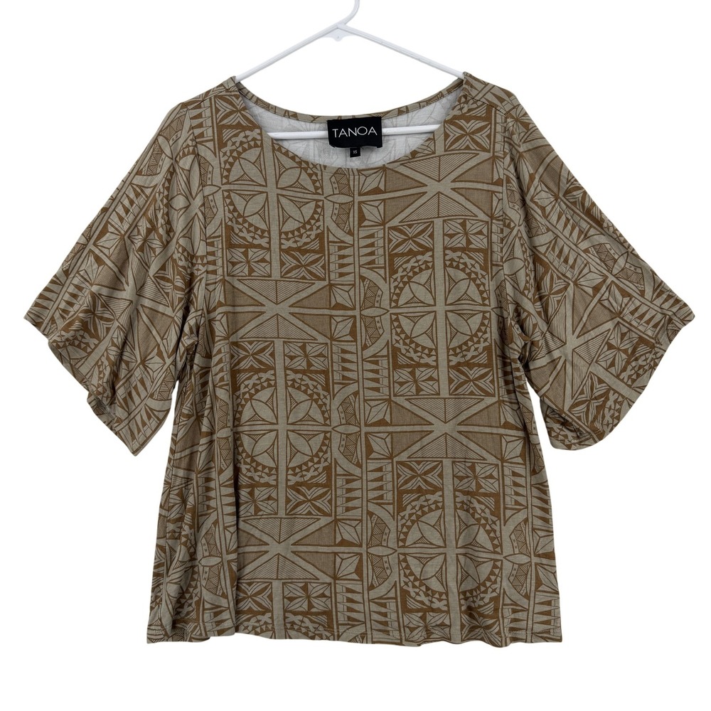 Tanoa Shirt Womens XS Brown Scoop Neck Short Kimono Sleeve Geometric Tropical